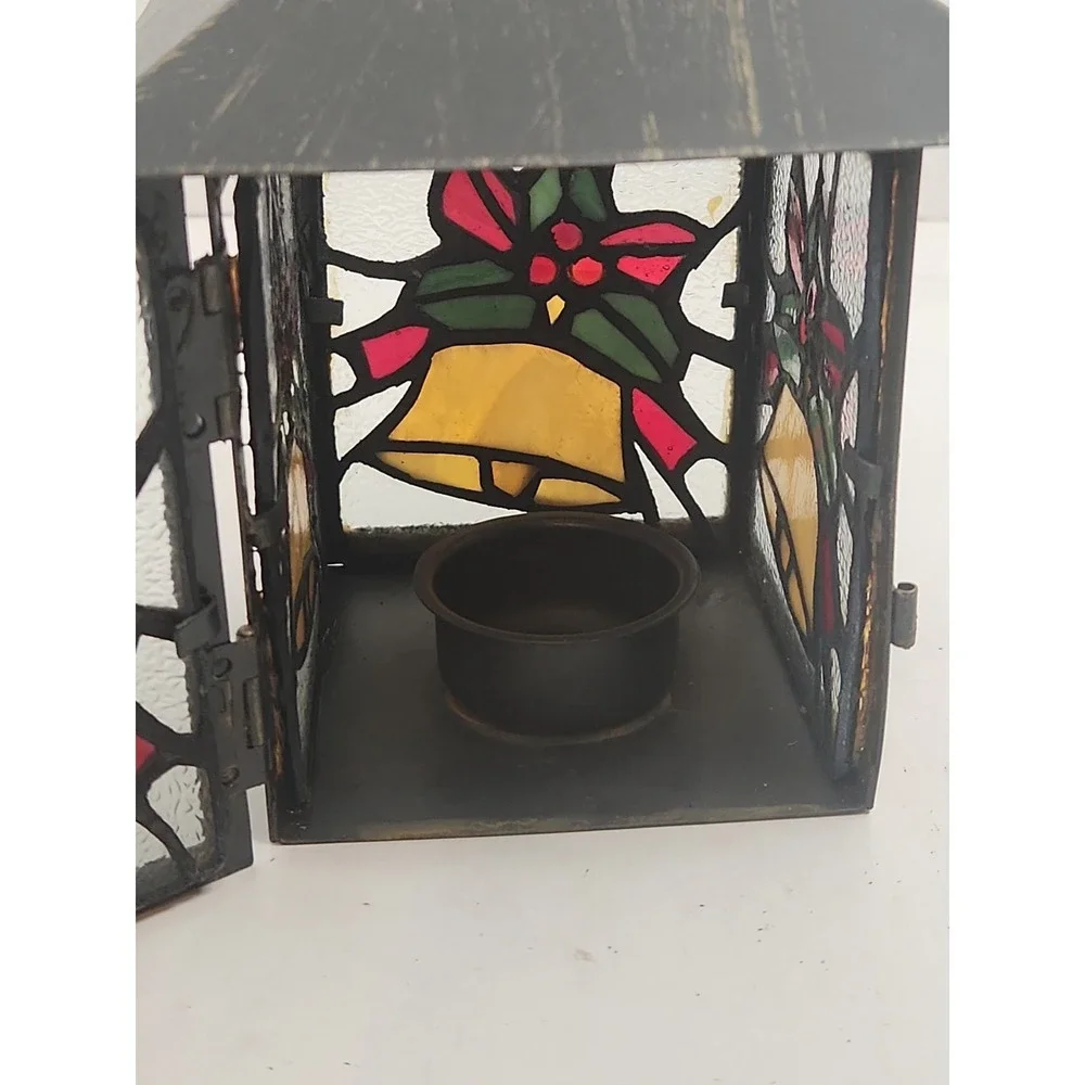 Vtg Stained Glass Christmas‎ Bell Lantern Tea Light Votive Candle Holder